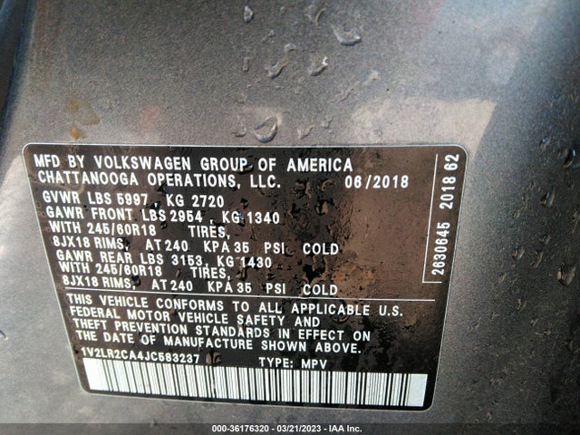 1V2LR2CA4JC583237 Volkswagen Atlas 3.6l V6 Se