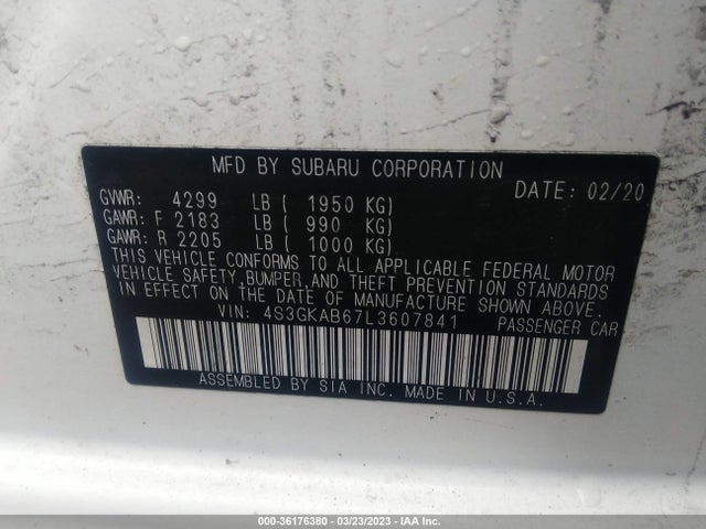 2020 SUBARU IMPREZA VIN: 4S3GKAB67L3607841