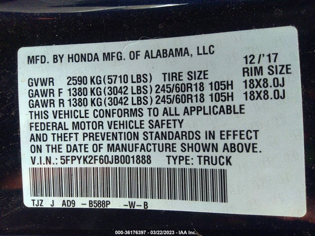 Honda Ridgeline Rtl-t 2018 5FPYK2F60JB001888 Image 9