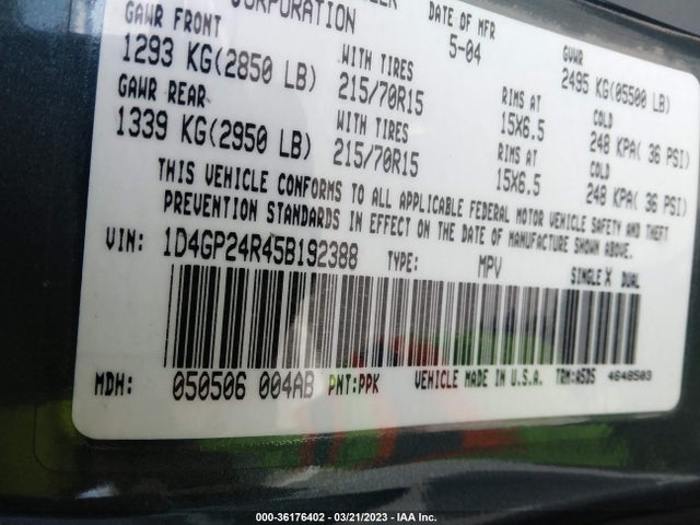 2005 DODGE GRAND CARAVAN SE VIN: 1D4GP24R45B192388
