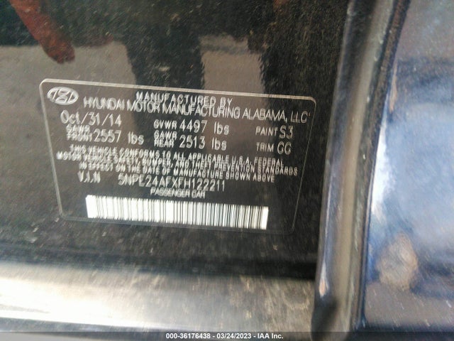 2015 HYUNDAI SONATA 2.4L SE VIN: 5NPE24AFXFH122211
