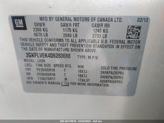 Aukcja sprzedaży 2013 Gmc Terrain Slt, vin: 2GKFLVEK4D6283688, numer aukcji: 36176819