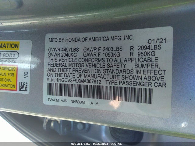 2021 Honda Accord, VIN: 1HGCV3F9XMA007612