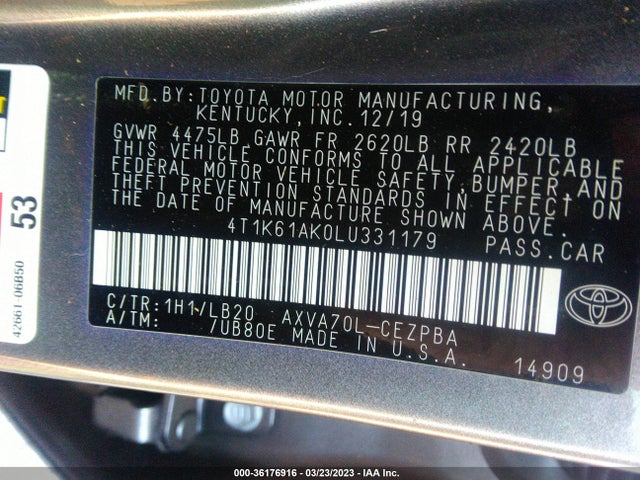 2020 TOYOTA CAMRY XSE VIN: 4T1K61AK0LU331179
