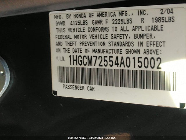 2004 HONDA ACCORD CPE EX VIN: 1HGCM72554A015002