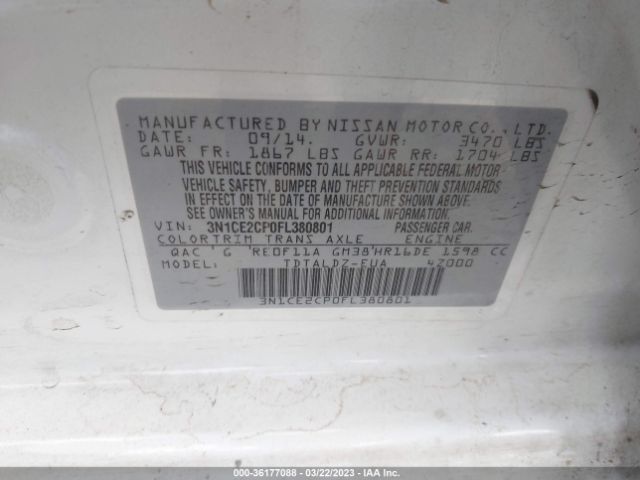 3N1CE2CP0FL380801 Nissan Versa Note S/s Plus/sv/sr/sl