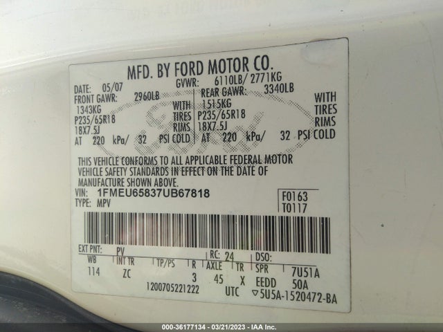 2007 FORD EXPLORER LIMITED VIN: 1FMEU65837UB67818