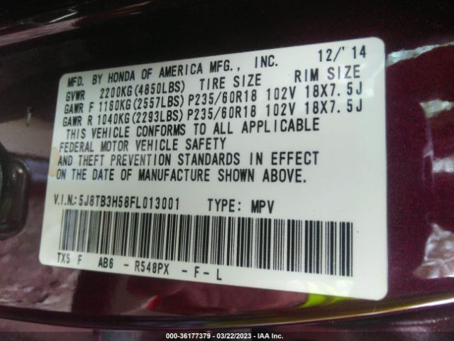 5J8TB3H58FL013001 Acura Rdx Tech Pkg