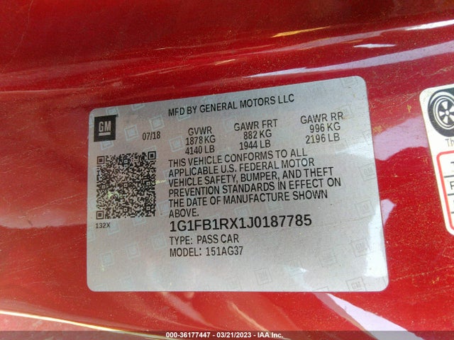 2018 CHEVROLET CAMARO 1LT VIN: 1G1FB1RX1J0187785