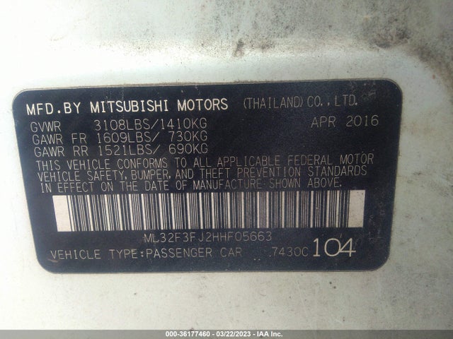 2017 MITSUBISHI MIRAGE G4 ES VIN: ML32F3FJ2HHF05663