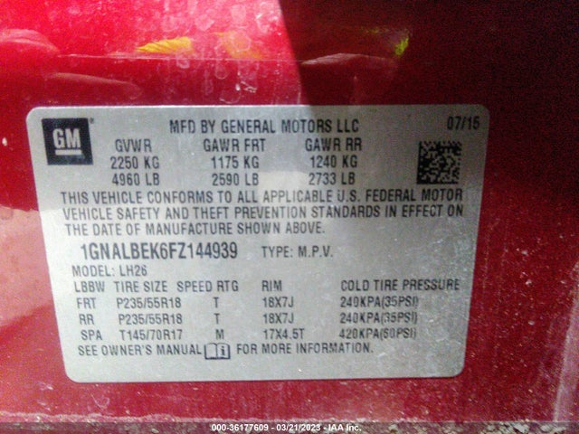 Chevrolet EQUINOX LT 2015 1GNALBEK6FZ144939 Image 9