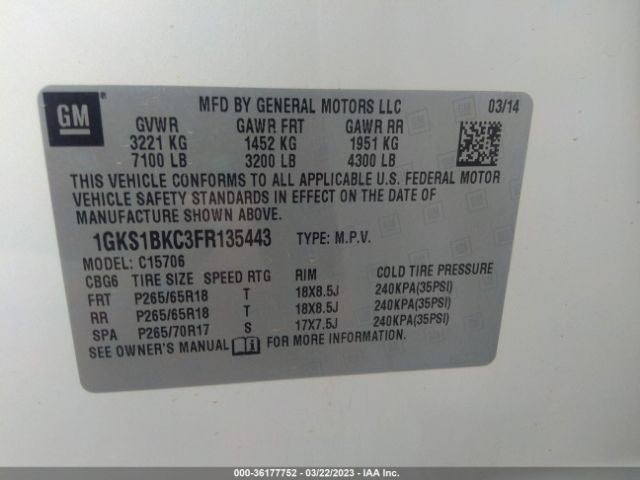 1GKS1BKC3FR135443 GMC YUKON SLT