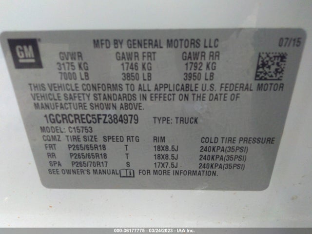 2015 CHEVROLET SILVERADO 1500 LT VIN: 1GCRCREC5FZ384979