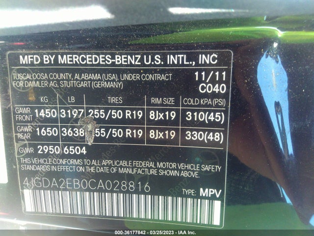 2012 MERCEDES-BENZ M-CLASS ML350 BLUETEC VIN: 4JGDA2EB0CA028816
