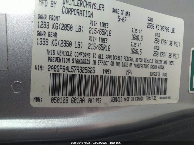 2007 CHRYSLER TOWN & COUNTRY LWB LIMITED VIN: 2A8GP64L57R325625