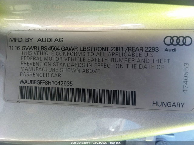 WAUB8GFF8H1042635 Audi A3 Sedan Premium