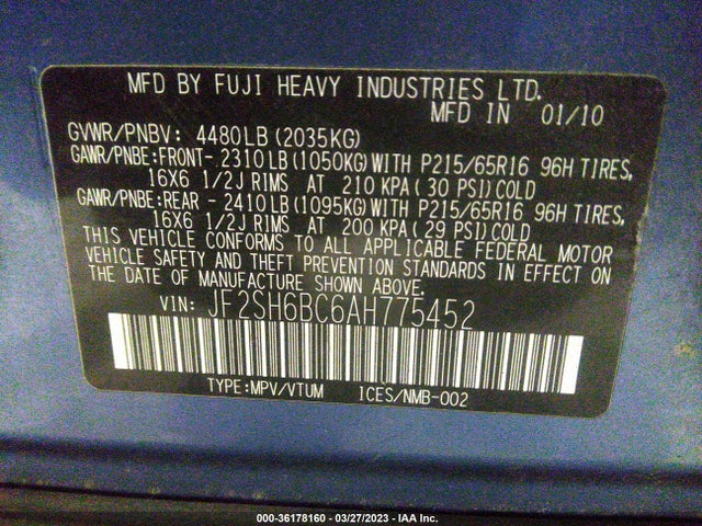 2010 SUBARU FORESTER 2.5X VIN: JF2SH6BC6AH775452