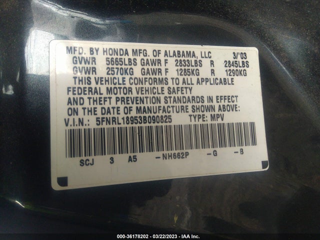 2003 HONDA ODYSSEY EX-L VIN: 5FNRL18953B090825