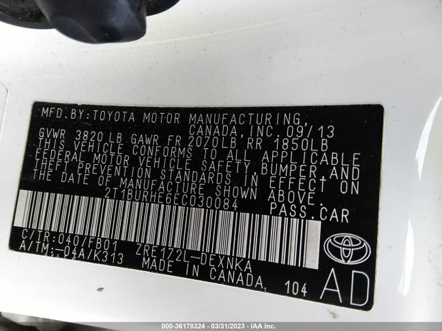 2014 TOYOTA COROLLA L/LE/S/S PLUS/LE PLUS VIN: 2T1BURHE6EC030084