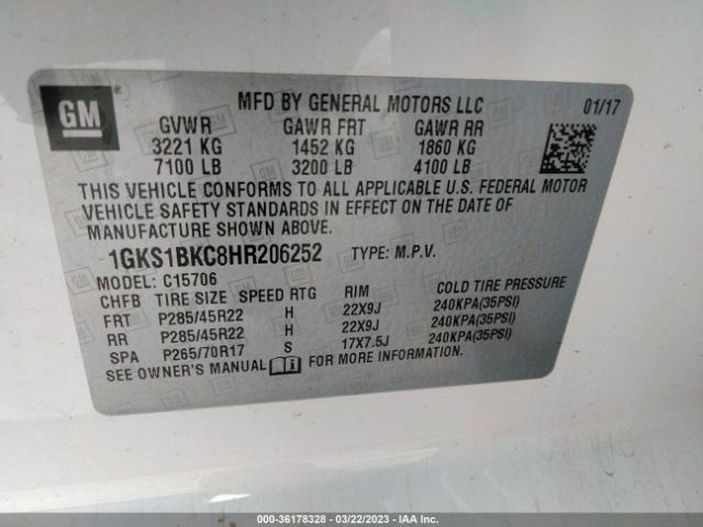 1GKS1BKC8HR206252 GMC YUKON SLT