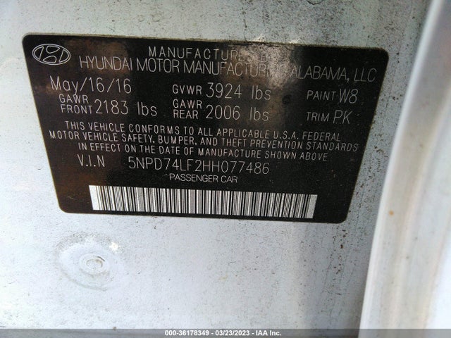 2017 HYUNDAI ELANTRA SE VIN: 5NPD74LF2HH077486