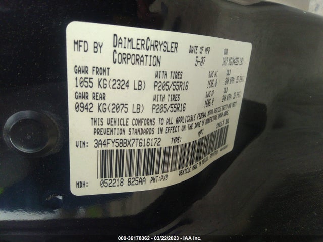 36178362 :رقم المزاد ، 3A4FY58BX7T616172 vin ، 2007 Chrysler Pt Cruiser Touring مزاد بيع