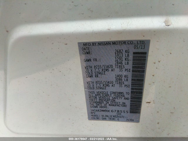 2013 NISSAN PATHFINDER PLATINUM VIN: 5N1AR2MM9DC678555