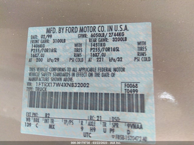 1999 FORD F-150 VIN: 1FTRX17W4XNB32002
