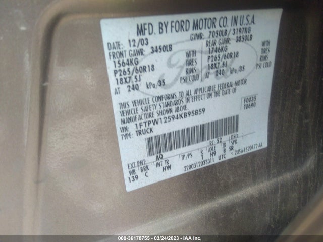 2004 FORD F-150 XLT/LARIAT VIN: 1FTPW12594KB95859
