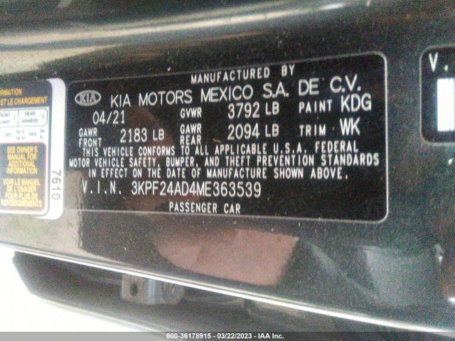 2021 KIA FORTE LXS VIN: 3KPF24AD4ME363539