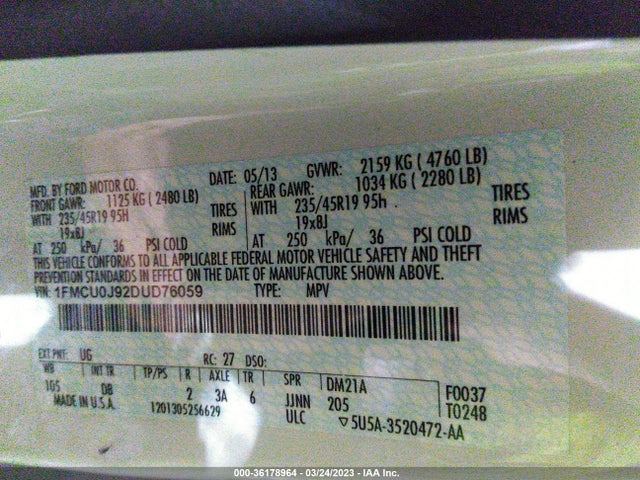 2013 FORD ESCAPE TITANIUM VIN: 1FMCU0J92DUD76059