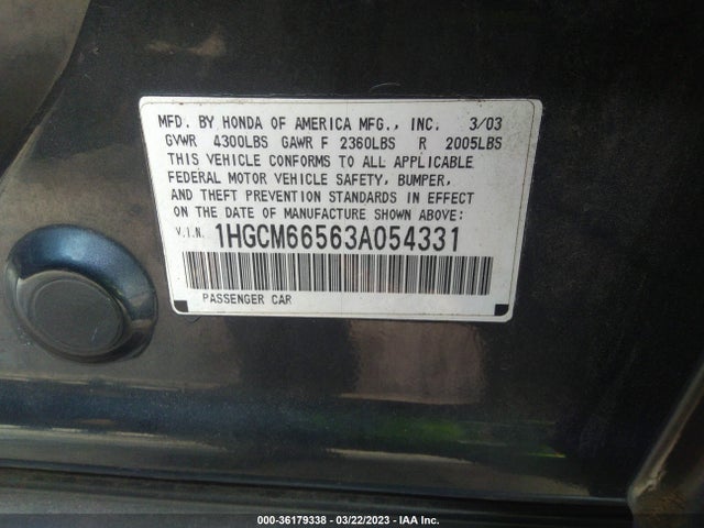 2003 HONDA ACCORD SDN EX VIN: 1HGCM665638054331