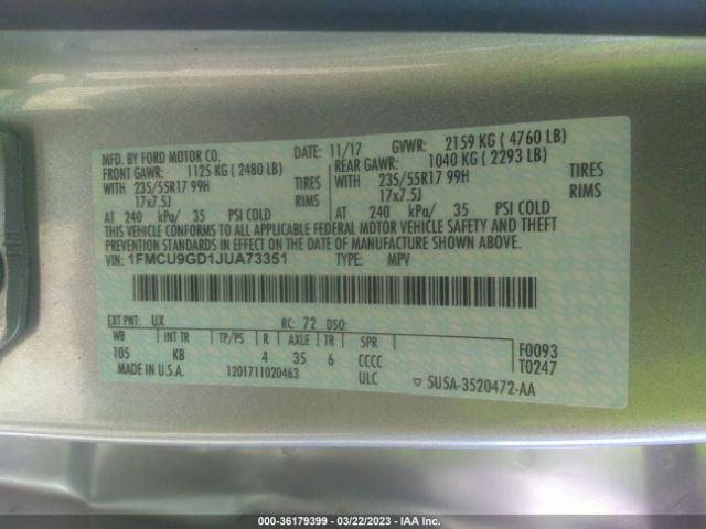 1FMCU9GD1JUA73351 Ford ESCAPE SE