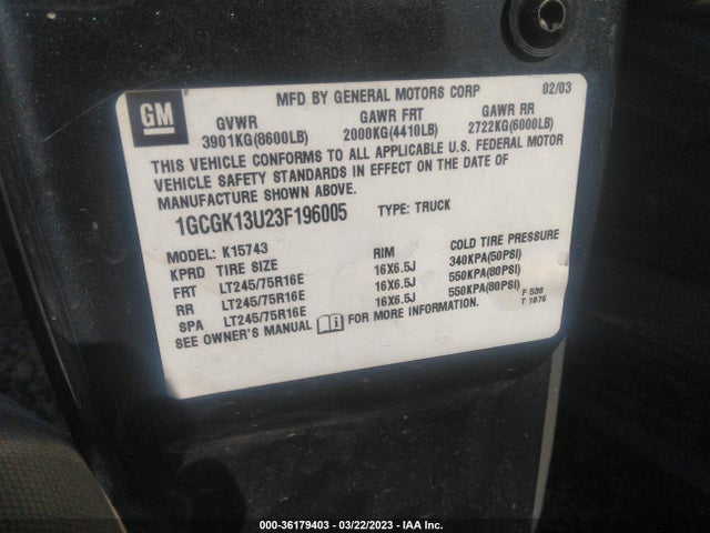 2003 CHEVROLET SILVERADO 1500HD LS VIN: 1GCGK13U23F196005