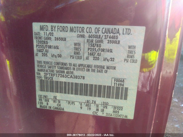 2003 FORD F-150 XL/XLT VIN: 2FTRF17263CA38378