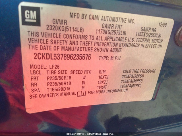 2009 PONTIAC TORRENT GXP VIN: 2CKDL537896235676