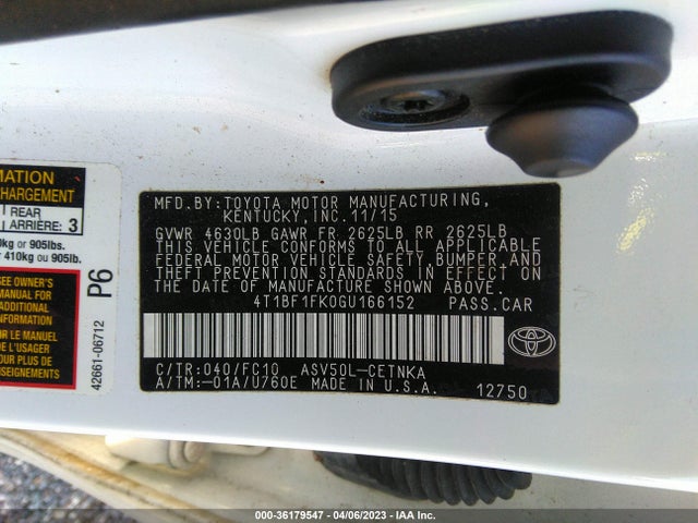 2016 TOYOTA CAMRY XLE/SE/LE/XSE VIN: 4T1BF1FK0GU166152