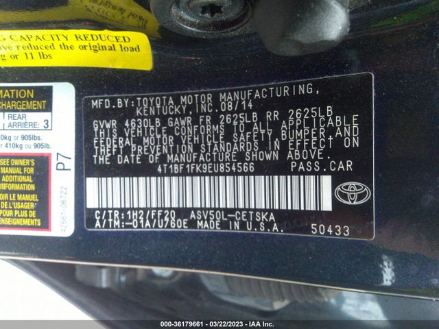 2014 TOYOTA CAMRY L/LE/XLE/SE/SE SPORT VIN: 4T1BF1FK9EU854566