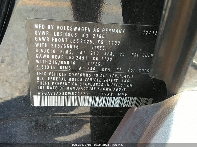 2013 VOLKSWAGEN TIGUAN S W/SUNROOF VIN: WVGAV3AX8DW572273