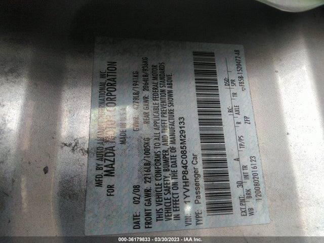 2008 MAZDA MAZDA6 I SPORT VE VIN: 1YVHP84C085M29133