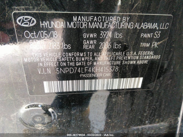 2019 HYUNDAI ELANTRA SE VIN: 5NPD74LF4KH415378