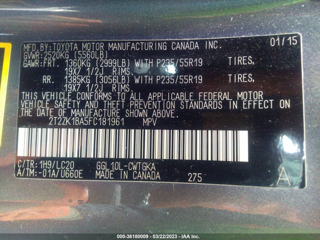2T2ZK1BA5FC181961 Lexus RX 350
