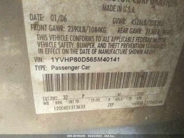 2006 MAZDA MAZDA6 S VIN: 1YVHP80D565M40141