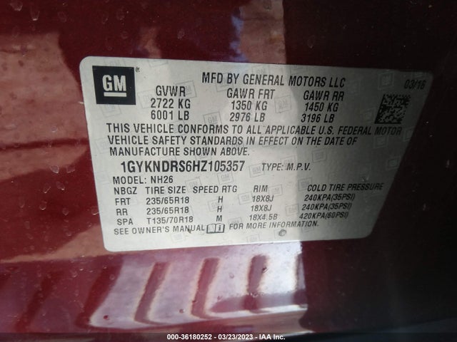 1GYKNDRS6HZ105357 Cadillac Xt5 Luxury Awd