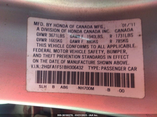 2011 HONDA CIVIC SDN LX VIN: 2HGFA1F51BH306432