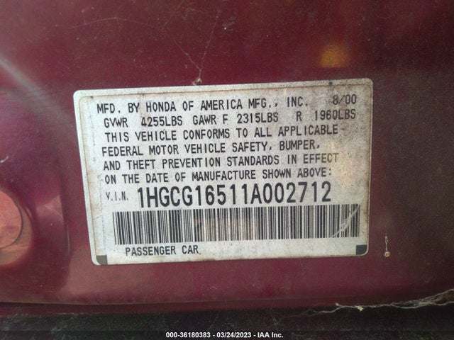 Продажа на аукционе авто 2001 Honda Accord Sdn Ex W/leather, vin: 1HGCG16511A002712, номер лота: 36180383