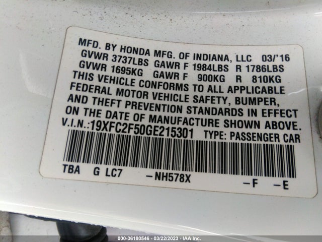 Honda Civic Sedan Lx 2016 19XFC2F50GE215301 Image 10