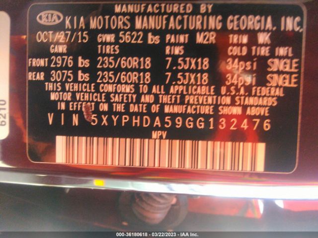 5XYPHDA59GG132476 KIA SORENTO EX