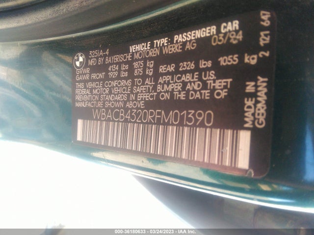 1994 BMW 325 I AUTOMATIC VIN: WBACB4320RFM01390