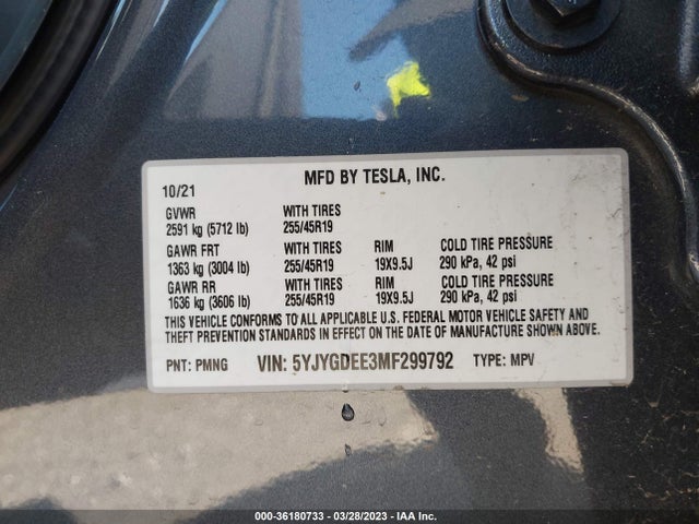 2021 Tesla Model Y, VIN: 5YJYGDEE3MF299792